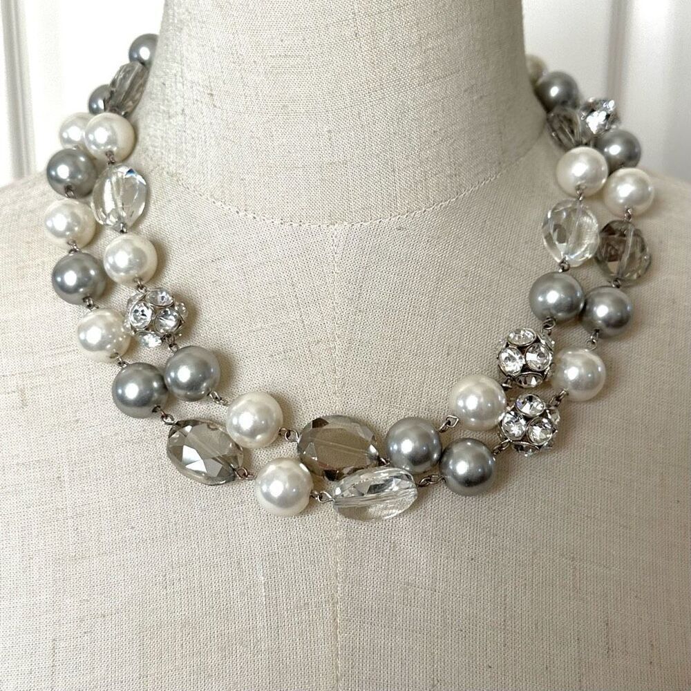 Silver tone faux grey pearl rhinestone long necklace